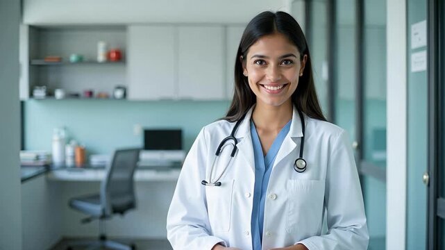 Confident Indian female doctor smiling warmly in a modern hospital clinic, offering reassurance and professional care in a 4k video.