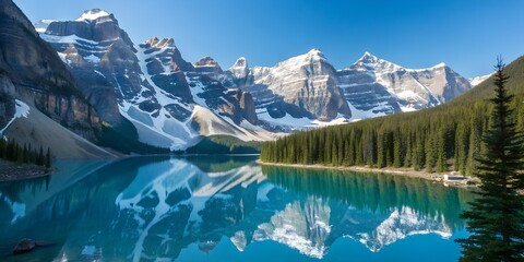 Fototapeta premium Turquoise Mountain Lake with Snow-Capped Peaks, Evergreen Forest, and Cabin Reflection Under Clear Sky