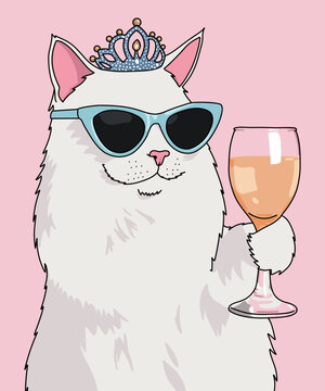 Vector Illustration of a Cute White Cat Princess With a Tiara Crown and Sunglasses Holding a Wine Glass Isolated Against Pink Background