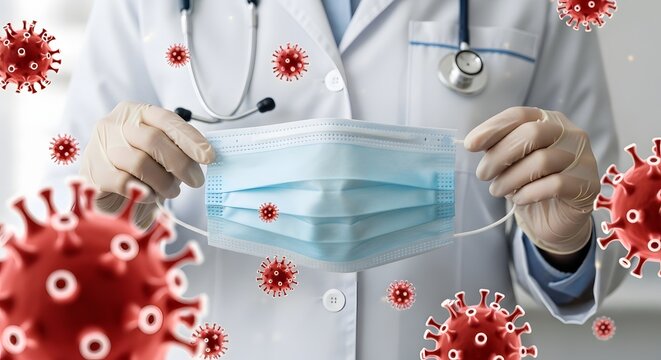 Doctor holding face mask with virus illustration, protection against infection - Powered by Adobe