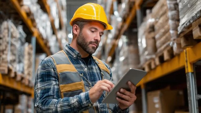 Warehouse Worker Analyzing Inventory: A focused worker in a hard hat meticulously reviews data on a digital tablet amidst rows of stored goods, ensuring efficient warehouse management.