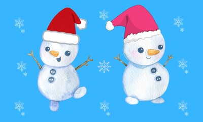 Adorable Watercolor Snowmen Duo with Santa Hats on Blue Background Illustration Vector 300 DPI. Charming watercolor snowmen wearing Santa hats on a soft blue background - ideal for Christmas cards 