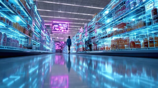 Aisle of Tomorrow: A lone figure explores the futuristic aisles of a digitally-enhanced grocery store, showcasing innovation and the evolution of shopping experiences. 