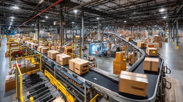 Warehouse Conveyor Belt: A dynamic view inside a bustling warehouse, showcasing a network of conveyor belts transporting packaged goods, illustrating the efficient flow of logistics and distribution
