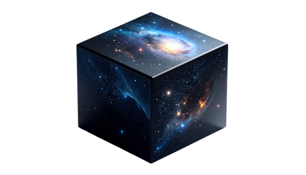 Cosmic Containment: Abstract Isometric Cube with Galaxy, Nebula, and Stars