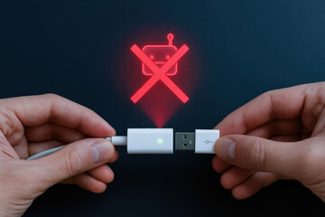 AI cybersecurity threat defense concept with hands holding USB cable and red crossed robot icon symbolizing malware protection