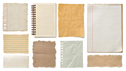 Assortment of Torn and Lined Paper Sheets and Notebook Pages on White Background Keywords: paper, torn paper, lined paper, grid paper, notebook