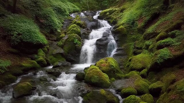 A beautiful cascading waterfall flows through a lush, green temperate rainforest, surrounded by moss-covered rocks and pristine nature