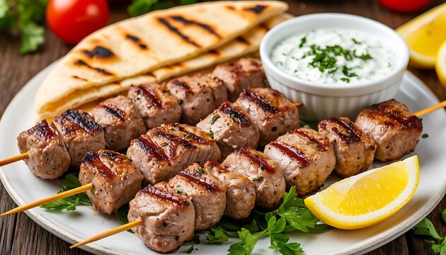 Succulent grilled meat skewers served on a plate with warm pita bread, creamy tzatziki sauce, and fresh lemon