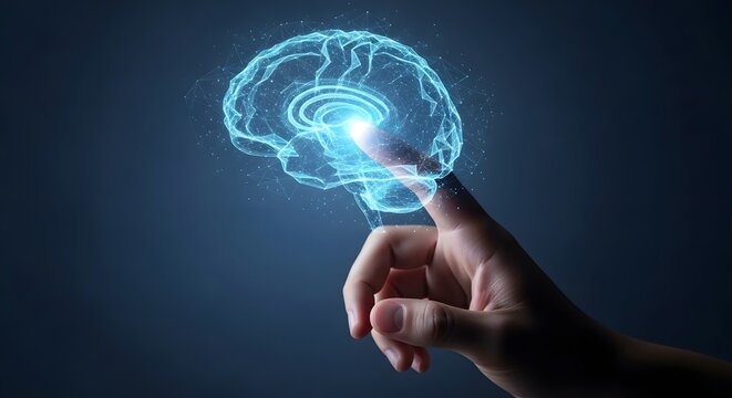 Hand touching digital brain hologram, artificial intelligence and future technology