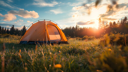 A camping tent in a clearing against a backdrop of a forest and a sunny sky