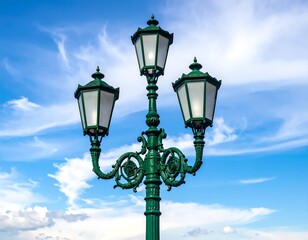 Ornate green lamp post with three illuminated lanterns, blue sky backdrop