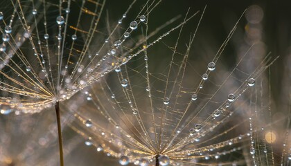 Close Up Dandelion Seeds with Water Droplets on Fine Web in Natural Light