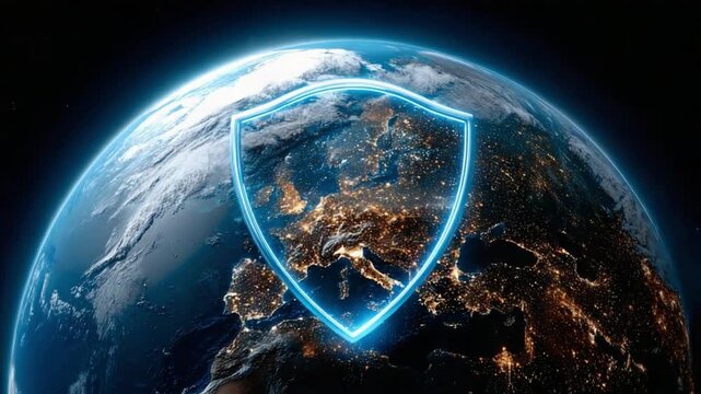 Global Shield: The Earth is encapsulated in a protective shield, with Europe highlighted, symbolizing security and global safety.