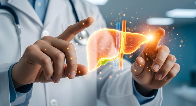 Doctor holding liver hologram, concept of liver health and transplantation