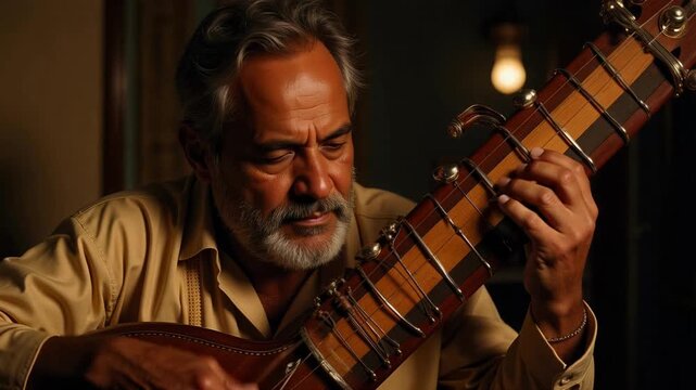 Immerse Yourself in India's Soulful Music: A Traditional Sitar Performance in Softly Lit Room, Evoking Peace and Cultural Richness with 4K Footage