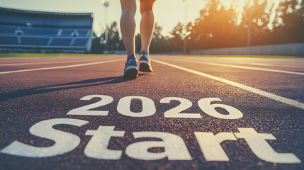 The "Start 2026" sign on running tracks near the feet of an athletic woman against the backdrop of a field and a blue sunny sky