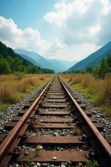 Fototapeta premium Wide Angle View of an Abandoned Mining Railway Track Leading into a Remote, Overgrown Landscape. A wide angle shot of an old, rusted mining railway track, heavily overgrown with wild vegetation. The