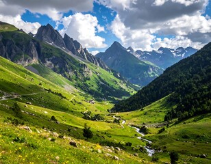 Naklejka premium Scenic valley, lush green landscape with mountains and cloudy sky
