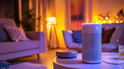 Naklejka premium Smart speaker and smart home device on coffee table in living room.