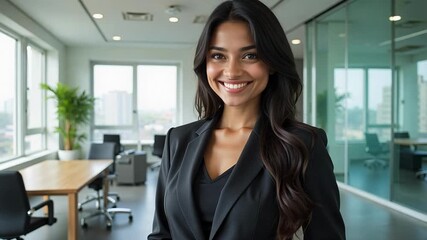 Confident Indian businesswoman smiling in modern office, presenting a dynamic, trustworthy image for corporate communications and leadership videos.