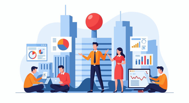 Flat illustration of a diverse team collaborating with graphs and charts in a cityscape background with a professional and innovative mood.