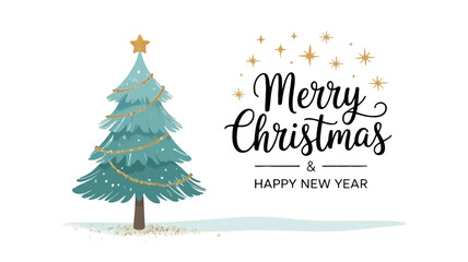 Whimsical watercolor christmas tree with festive merry christmas and happy new year greeting and sparkling lights