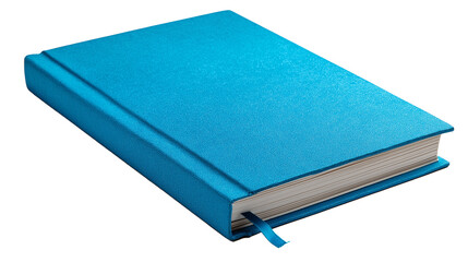Hardcover blue book on a white surface