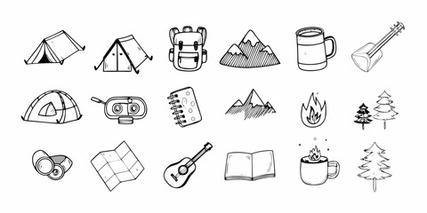 Collection of hand drawn camping and outdoor adventure icons and elements for travel and recreation