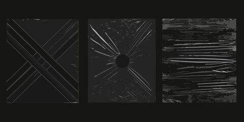 Three abstract dark textured panels with linear and radial patterns and a central dark circle