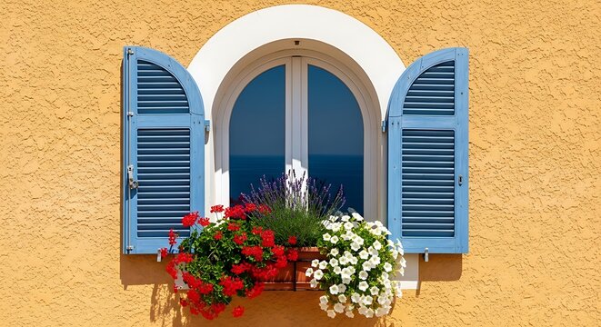 Charming arched window with vibrant blue shutters and colorful flower boxes on a yellow stucco wall, evoking a Mediterranean feel. - Powered by Adobe