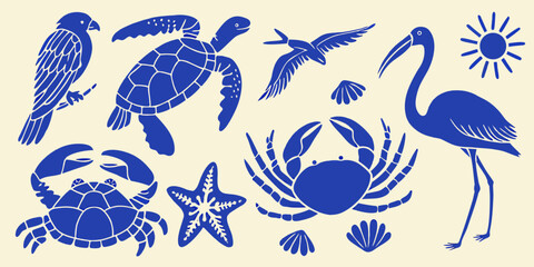 Collection of blue marine life and birds silhouettes on a cream background