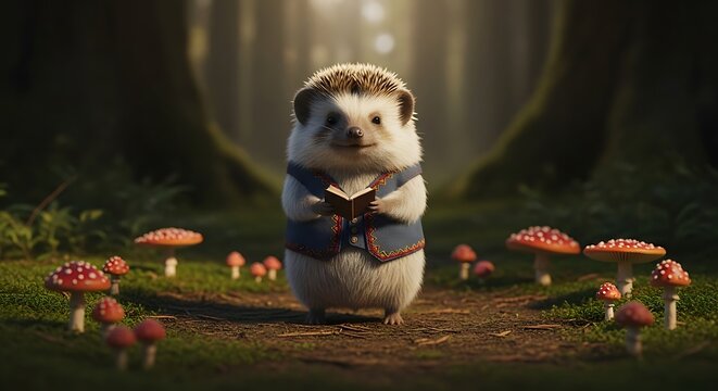 Charming Hedgehog in Vest Amidst Enchanted Forest with Glowing Orb and Mushrooms.