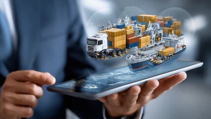 Global Logistics at Hand: A modern businessman utilizes a digital tablet to control a complex logistics system.