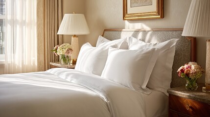 mattress. Elegant hotel bedroom with white linens and plush pillows illuminated by soft morning sunlight, lifestyle magazines.