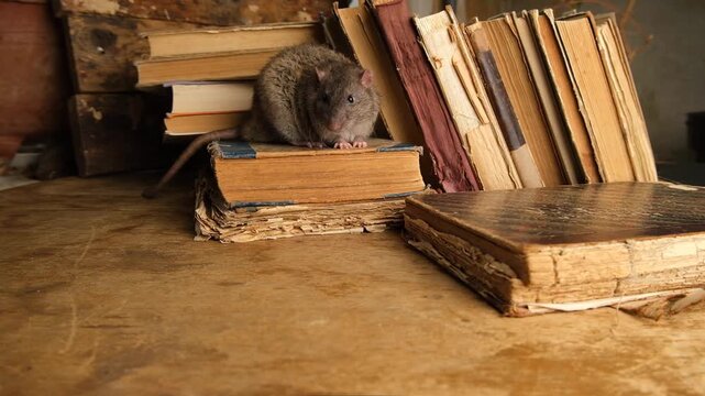 An antique old books and brown, gray rat.