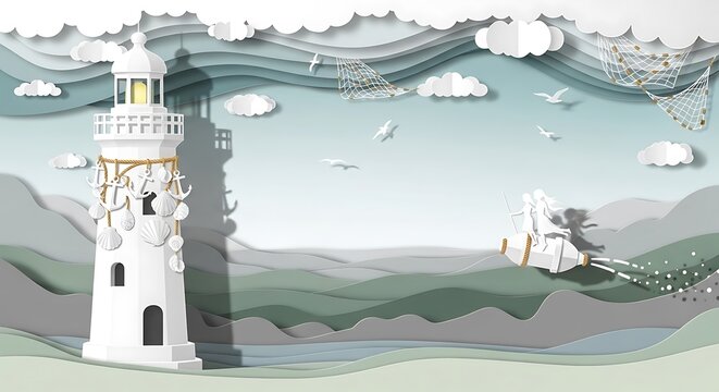 Paper art lighthouse guiding ships through a stormy sea.