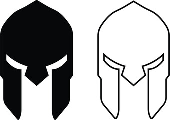 Spartan helmet icon set in black flat and outline styles. Ancient warrior helmets vectors, trojan signs. minimalist greek armor design and medieval protection symbols illustration for logo and emblem.