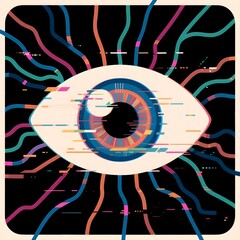 Fototapeta premium White eye with glitch lines and rainbow neural threads symbolizing ADHD, autism, neurodiversity, sensory overload and brain connectivity in abstract tech style