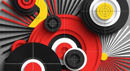 Fototapeta premium Abstract Geometric Composition with Concentric Circles and Radial Lines in Red, Black, and Yellow.