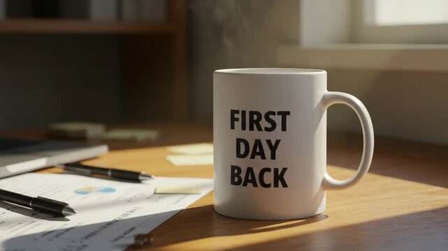 Coffee mug with &ldquo;First Day Back&rdquo; text on wooden desk, morning sunlight and laptop nearby. Mug on cozy workspace with notebook and phone, warm home office scene and daily coffee ritual