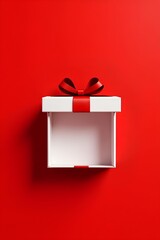 Open white gift box with red ribbon on dark red background. Minimalist 3D render.