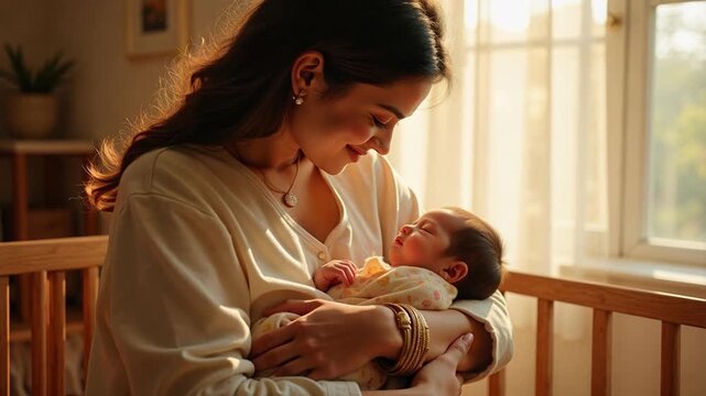 Tender moment of Indian mother gently rocking her newborn baby to sleep in a sunlit nursery, a heartwarming lullaby of love and care in 4k video