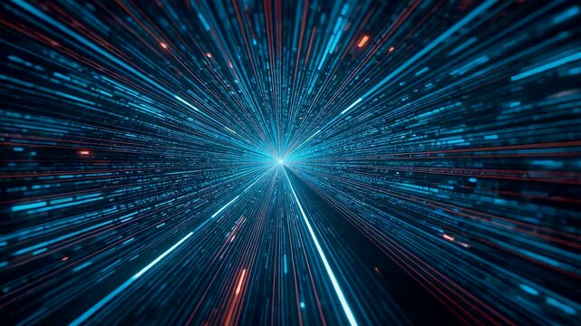 Abstract digital light tunnel with glowing blue rays converging into bright center showing speed data motion and technology visualization concept