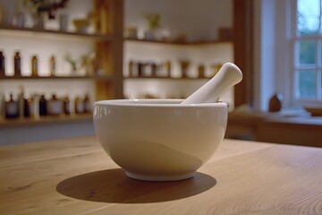 White Mortar And Pestle On Wooden Table In Herbal Shop