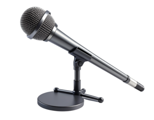 Sleek black microphone on a stand, isolated for studio audio recording and broadcast.