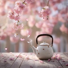 Pink Cherry Blossoms And White Teapot On Wooden Table