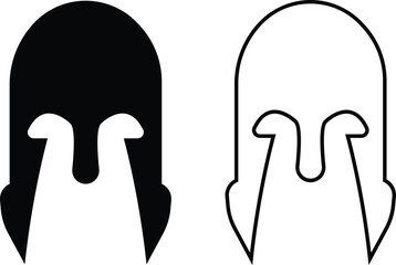 Spartan helmet icon set in black flat and outline styles. Ancient warrior helmets vectors, trojan signs. minimalist greek armor design and medieval protection symbols illustration for logo and emblem.