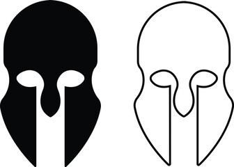 Spartan helmet icon set in black flat and outline styles. Ancient warrior helmets vectors, trojan signs. minimalist greek armor design and medieval protection symbols illustration for logo and emblem.