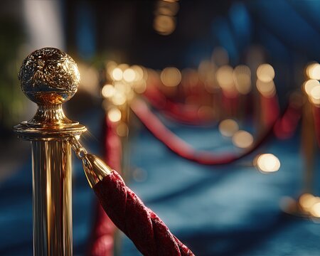 Gold Posts With Red Rope On Blue Carpet